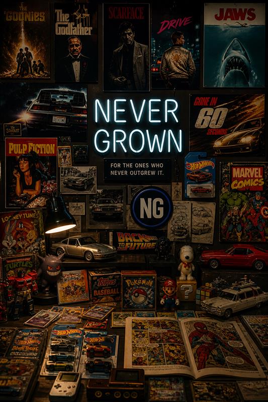 Never Grown neon sign surrounded by collectibles